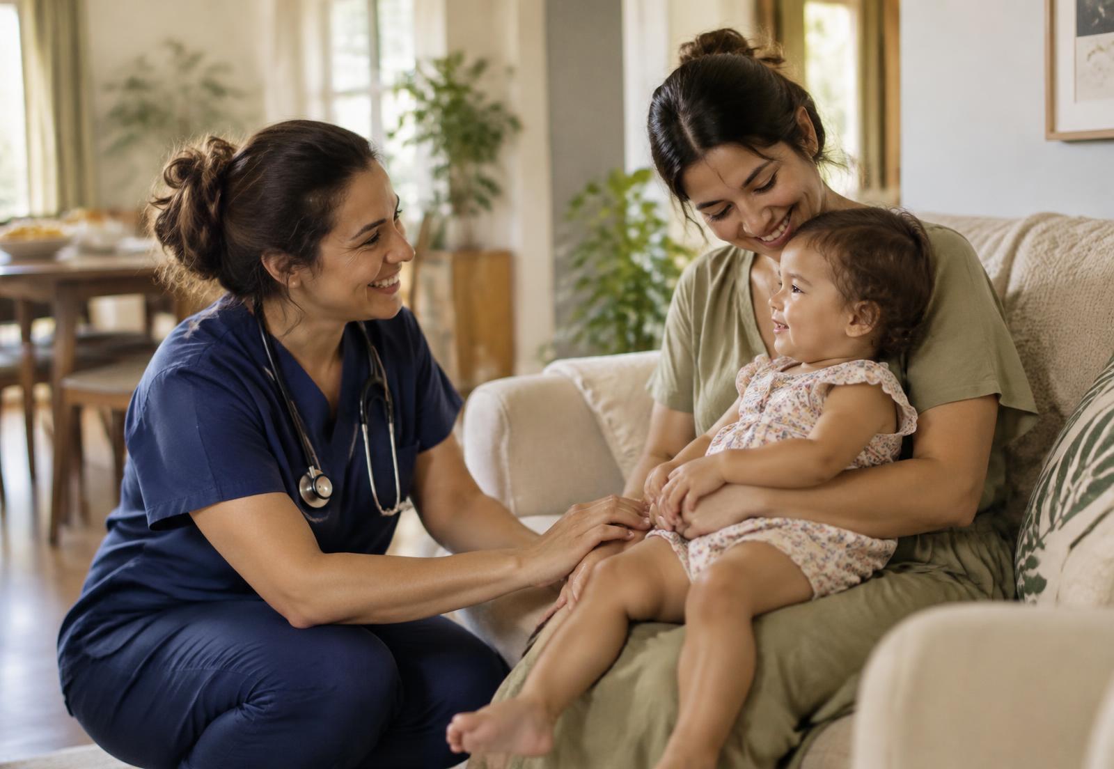 Enfermeira atendendo mãe e filha em casa